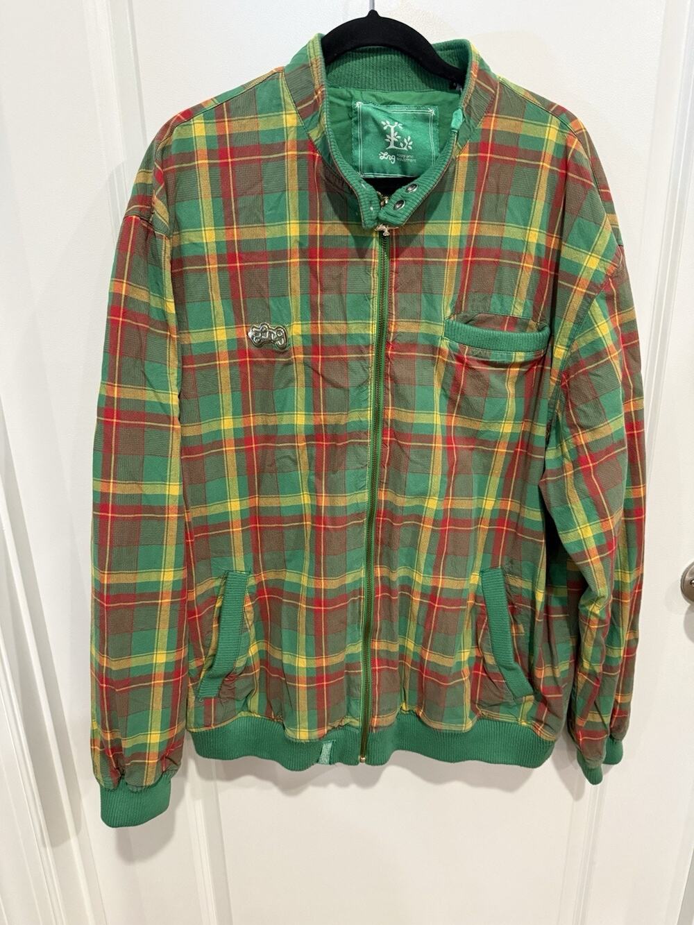 Vintage LNG Plaid Windbreaker Jacket Green Yellow Red Sz 2XL Full Zip 90s